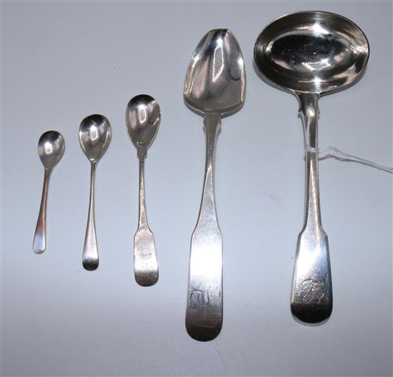 George IV silver fiddle pattern sauce ladle, a dessert spoon (a.f.) and four silver salt and mustard spoons
